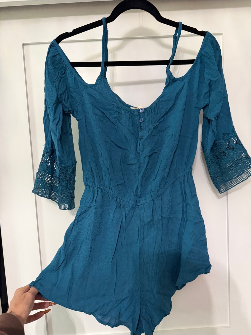 Blush Teal Button-Front Cold-Shoulder Tunic Romper